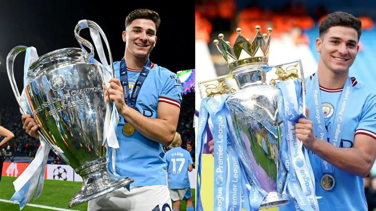 Julián Álvarez, delantero argentino del Manchester City, comparte su alegría tras ganar la Champions League, su decimotercer título en una carrera llena de éxitos