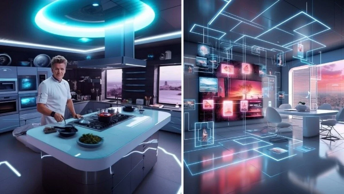 Esta imagen muestra una posible visión de una casa del futuro, con hologramas en la cocina, superficies táctiles y paredes transparentes. La nanotecnología y la integración de la naturaleza se combinan para crear un espacio innovador y sostenible.