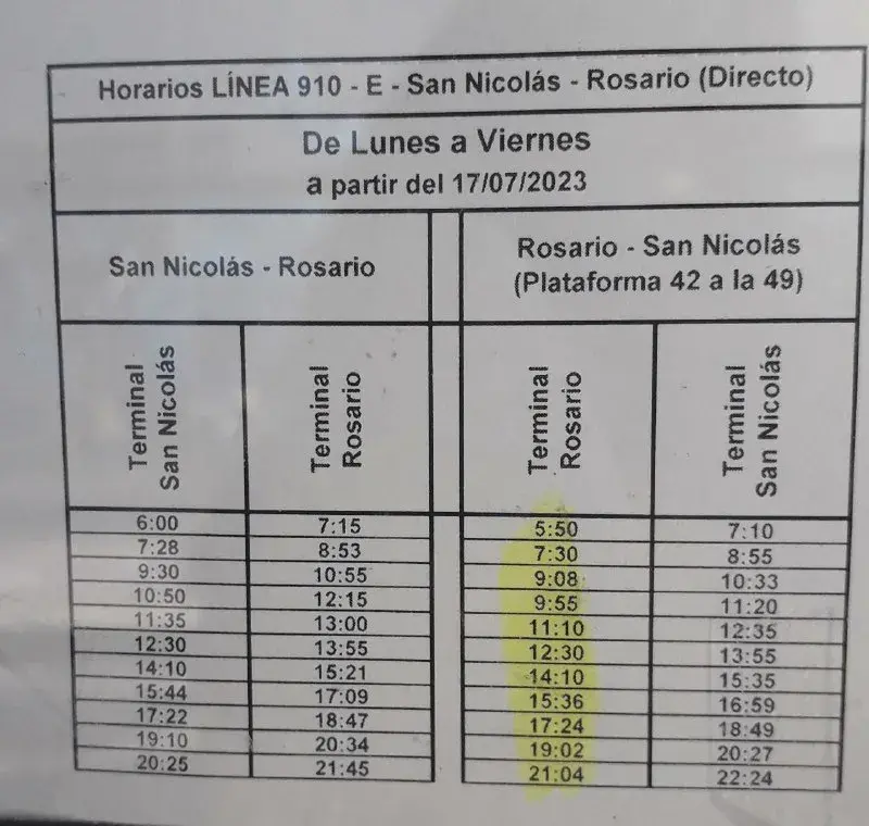 horario Tarifas Colectivos San Nicolás-Rosario