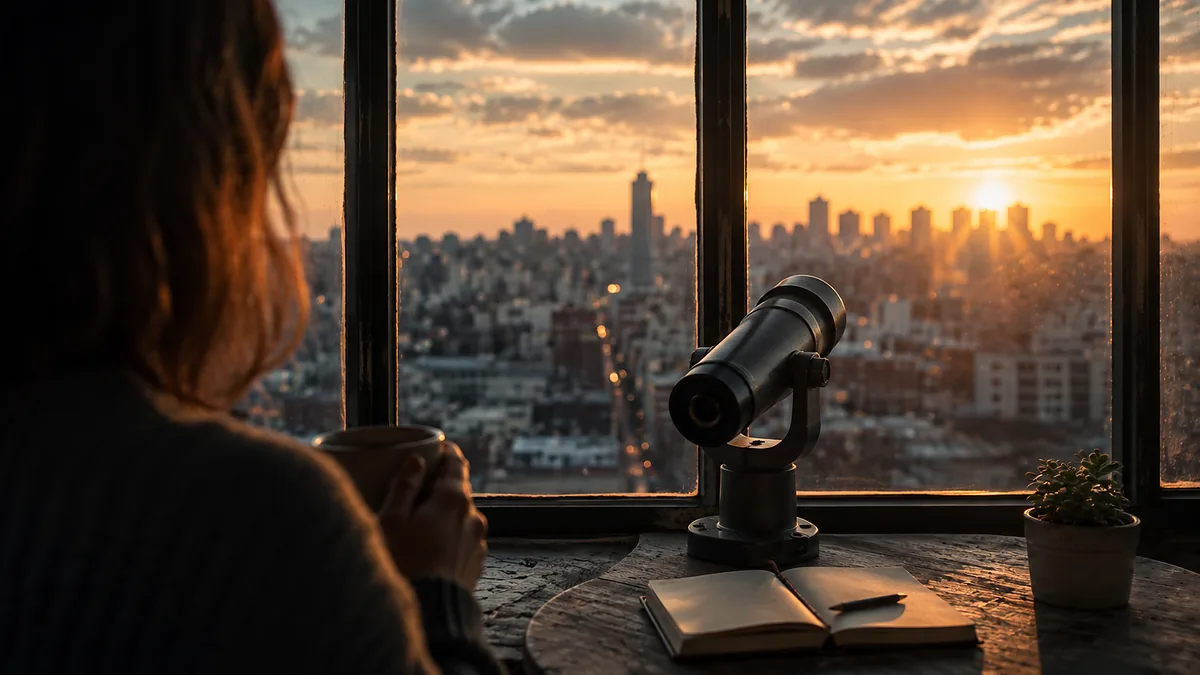 horóscopo del 6 de agosto Persona de espaldas observando el horizonte urbano desde una ventana mientras un cuaderno abierto y un visor invitan a reflexionar antes de actuar