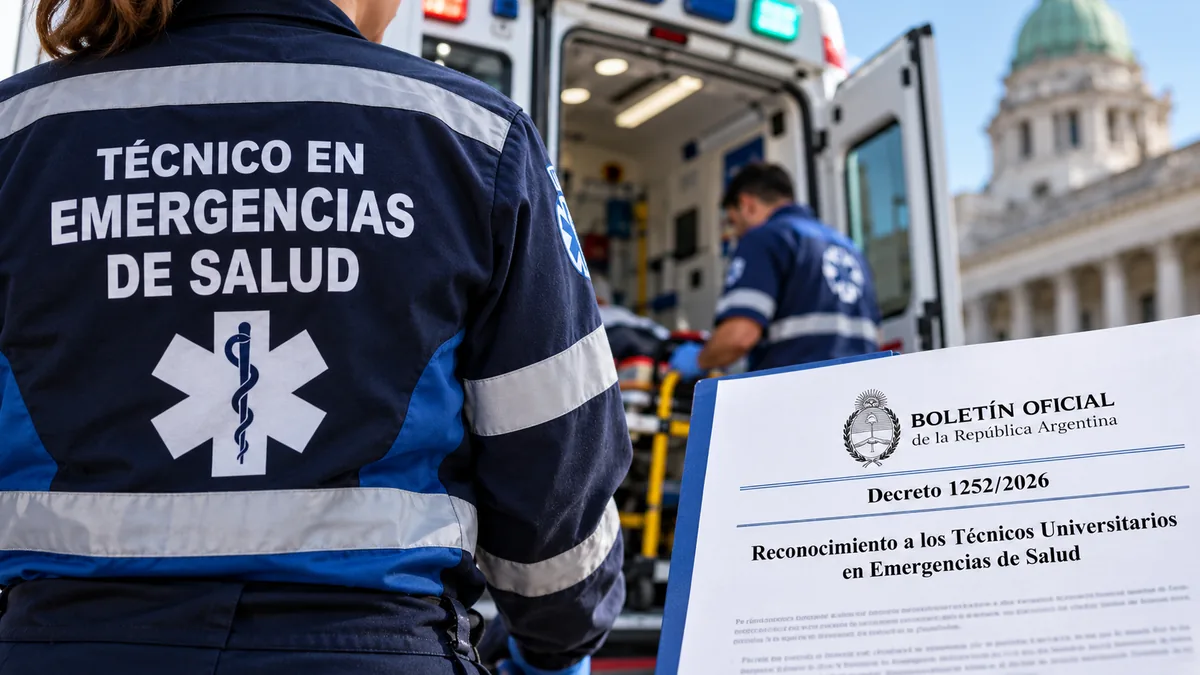 Técnico en emergencias de salud junto a una ambulancia, en referencia al Decreto 1252/2026.